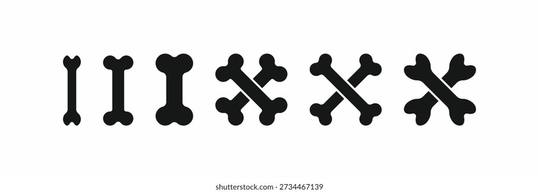 Black bone icon set with single and crossed bones, flat vector illustration isolated on white background