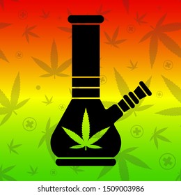 black bong on rasta flag background. Flat vector illustration of medicinal marijuana.