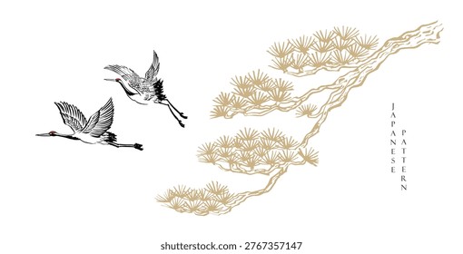 Black bonsai tree and crane birds background with Chinese painting in Traditional style. Brush stroke vector