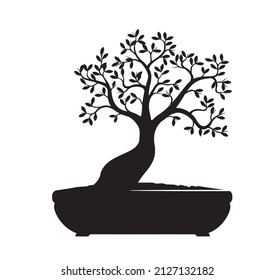 Black Bonsai Tree. Vector outline Illustration.