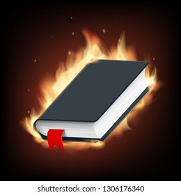 Black book with a blank cover on fire. Vector illustration.