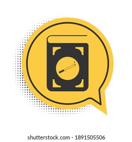 Black Book with cigarette icon isolated on white background. Yellow speech bubble symbol. Vector.