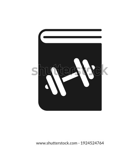Black book with dumbbell icon on white background. Vector graphics flat design