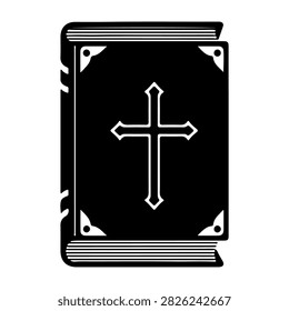 A black book featuring a prominent cross symbol on its cover, representing religious or spiritual themes, with a focus on faith and devotion.