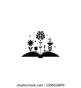 Black book with flowers, brain and sprouts isolated on white background. Vector flat illustration. Magic fairytale reading logo. Imagination, inspiration and fantasy. knowledge day. Back to school