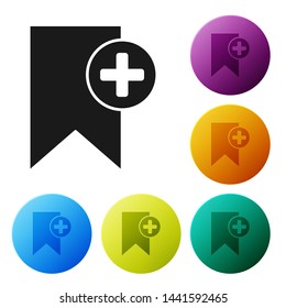 Black Bookmark icon isolated on white background. Add to concept. Set icons colorful circle buttons. Vector Illustration