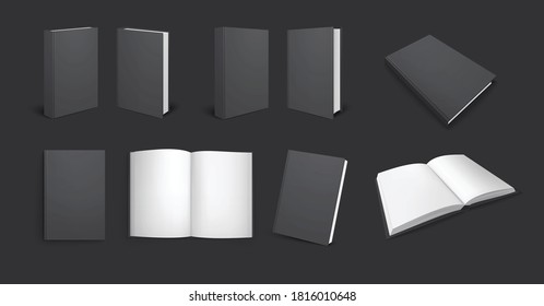 Black books mockup realistic set with views of dark copybook from different angles with empty pages vector illustration