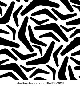 Black boomerangs isolated on white background. Monochrome geometric seamless pattern. Vector flat graphic illustration. Texture.