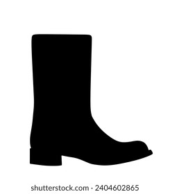 Black boot vector silhouette illustration isolated on white background. Fashion footwear. Industrial equipment in working process. Foot wear for hunting and outdoor activity on rain and mug weather.