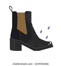 Black boot and water drops on a white background.