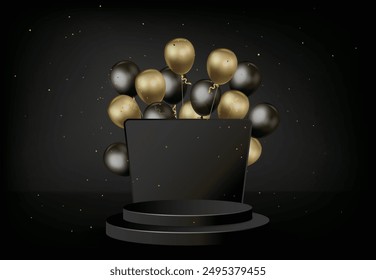 Black booth with gold and black balloon decoration on black background