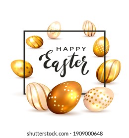 Black border with lettering Happy Easter and golden Easter eggs on a white background. Holiday decorations. Illustration can be used for holiday design, poster, banner, greeting card, website.