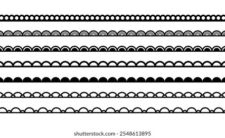 Silhuetas de vetor de linhas de borda preta com padrão contínuo de ondas. bordas de rendas de borda de vieira. rendas de crochê floral. borda recortada simples. molduras e divisores