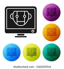 Black Bot icon isolated on white background. Computer monitor and robot icon. Set icons colorful circle buttons. Vector Illustration