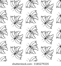 
Black botanical butterfly silhouette pattern. Noble insect  plant. Vintage nature seamless on white colored background. Ink drawing outline sketch print for textile. Trendy summer lined design.