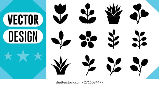 Iconos botánicos negros y Elementos gráficos de la planta floral