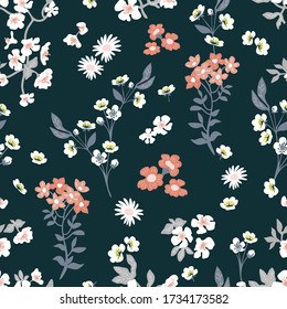 Black botanical pattern. Seamless print with wild flowers. Vintage collection. Template for textile design, cards, wallpapers, gift wrappings.