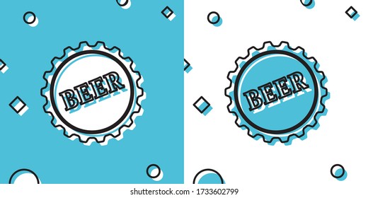 Black Bottle cap with beer word icon isolated on blue and white background. Random dynamic shapes. Vector Illustration