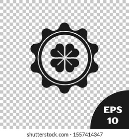 Black Bottle cap with four leaf clover icon isolated on transparent background. Happy Saint Patricks day.  Vector Illustration