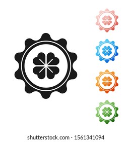 Black Bottle cap with four leaf clover icon isolated on white background. Happy Saint Patricks day. Set icons colorful. Vector Illustration