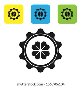 Black Bottle cap with four leaf clover icon isolated on white background. Happy Saint Patricks day. Set icons colorful square buttons. Vector Illustration