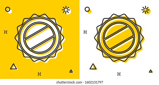 Black Bottle cap icon isolated on yellow and white background. Random dynamic shapes. Vector Illustration