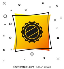 Black Bottle cap icon isolated on white background. Yellow square button. Vector Illustration