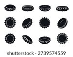 Black bottle caps silhouettes. Different cap for glass bottles, metal lids broken and crumpled. Circle covers silhouette for beverages, beer, soda, sapid vector clipart