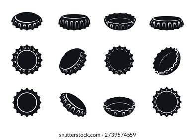 Black bottle caps silhouettes. Different cap for glass bottles, metal lids broken and crumpled. Circle covers silhouette for beverages, beer, soda, sapid vector clipart