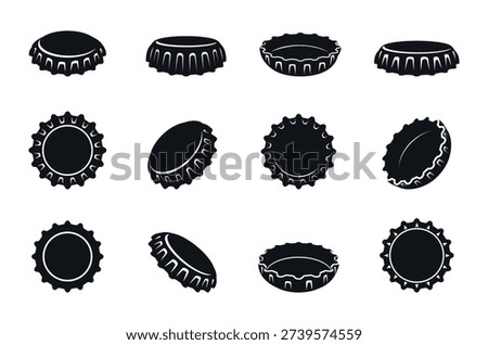 Black bottle caps silhouettes. Different cap for glass bottles, metal lids broken and crumpled. Circle covers silhouette for beverages, beer, soda, sapid vector clipart