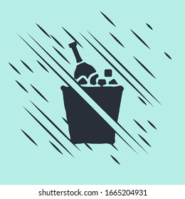 Black Bottle of champagne in an ice bucket icon isolated on green background. Glitch style. Vector Illustration