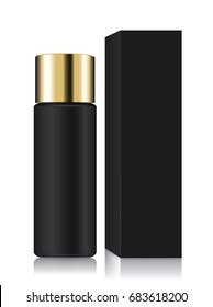 Black bottle with gold cap and box in one set isolated on white background. Ideal for perfume packaging and product mock up or other.