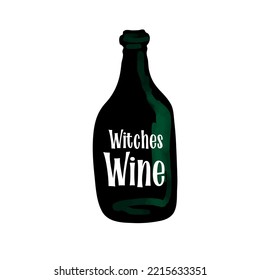 Black bottle illustration with text Witches wine isolated on white background