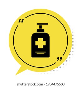 Black Bottle of liquid antibacterial soap with dispenser icon isolated on white background. Antiseptic. Disinfection, hygiene, skin care. Yellow speech bubble symbol. Vector.