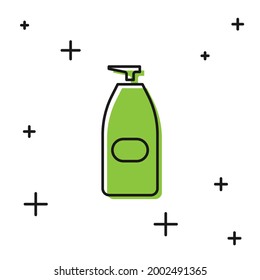 Black Bottle of liquid antibacterial soap with dispenser icon isolated on white background. Antiseptic. Disinfection, hygiene, skin care.  Vector Illustration