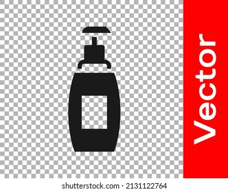 Black Bottle of liquid antibacterial soap with dispenser icon isolated on transparent background. Antiseptic. Disinfection, hygiene, skin care.  Vector