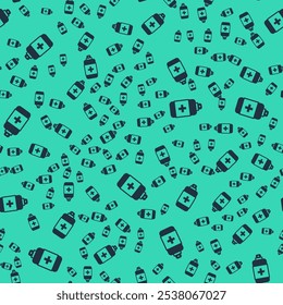 Black Bottle of liquid antibacterial soap with dispenser icon isolated seamless pattern on green background. Antiseptic. Disinfection, hygiene, skin care.  Vector