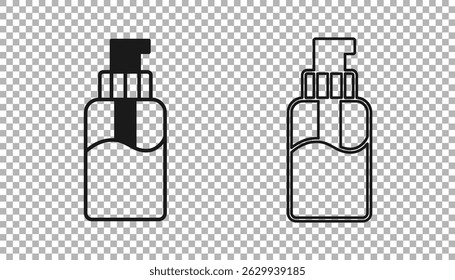 Black Bottle of liquid antibacterial soap with dispenser icon isolated on transparent background. Disinfection, hygiene, skin care concept.  Vector