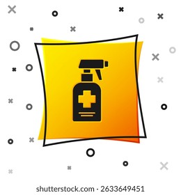 Black Bottle of liquid antibacterial soap with dispenser icon isolated on white background. Antiseptic. Disinfection, hygiene, skin care. Yellow square button. Vector