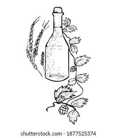 botella negra con líquido y burbujas alrededor de lúpulos y gráficos de trigo sobre fondo blanco. ilustración monocroma. vector. logotipo para barra