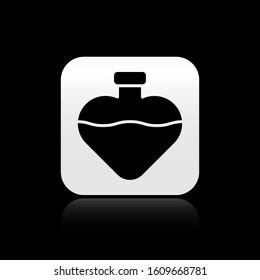 Black Bottle with love potion icon isolated on black background. Valentines day symbol. Silver square button. Vector Illustration