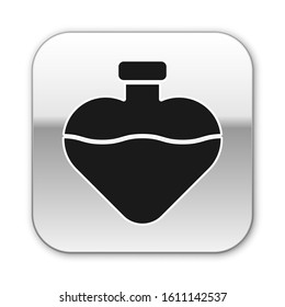 Black Bottle with love potion icon isolated on white background. Valentines day symbol. Silver square button. Vector Illustration
