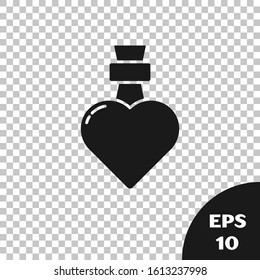 Black Bottle with love potion icon isolated on transparent background. Valentines day symbol.  Vector Illustration