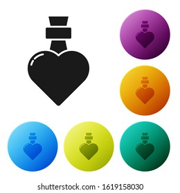 Black Bottle with love potion icon isolated on white background. Valentines day symbol. Set icons colorful circle buttons. Vector Illustration