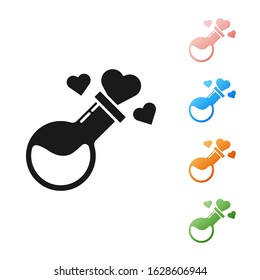 Black Bottle with love potion icon isolated on white background. Valentines day symbol. Set icons colorful. Vector Illustration