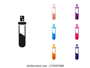 Black Bottle with love potion icon isolated on white background. Valentines day symbol. Set icons colorful. Vector Illustration