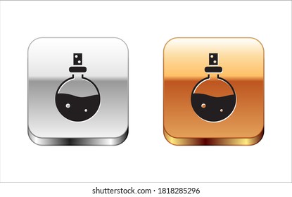 Black Bottle with love potion icon isolated on white background. Valentines day symbol. Silver-gold square button. Vector Illustration
