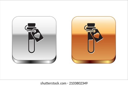 Black Bottle with love potion icon isolated on white background. Valentines day symbol. Silver-gold square button. Vector Illustration