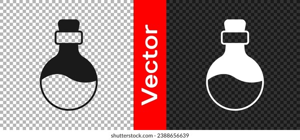 Black Bottle with love potion icon isolated on transparent background. Happy Valentines day.  Vector