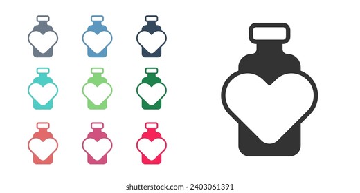 Black Bottle with love potion icon isolated on white background. Valentines day symbol. Set icons colorful. Vector